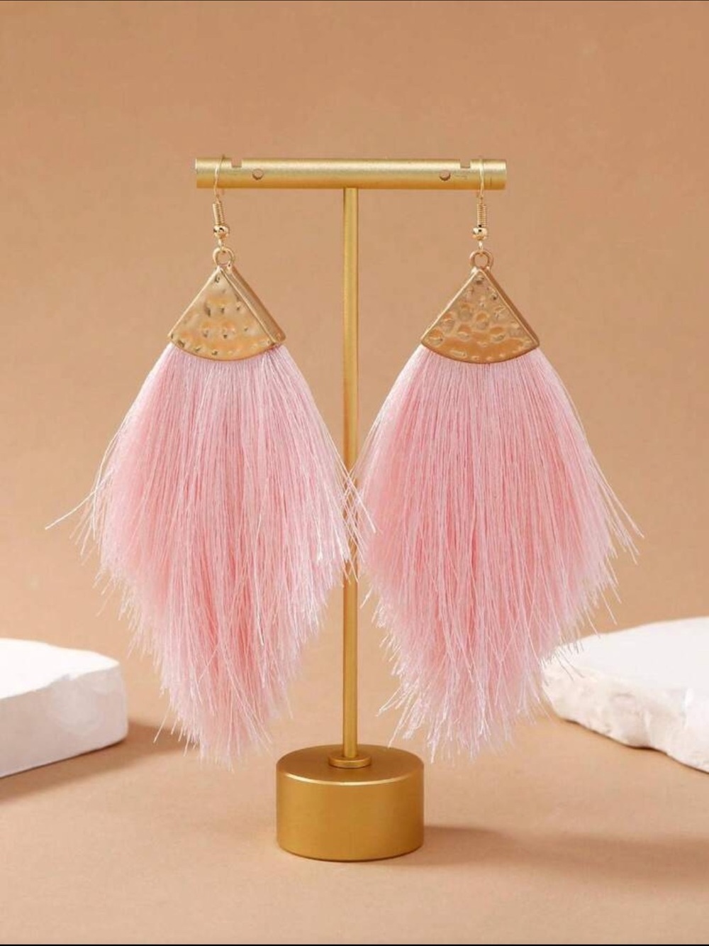 Soft Pink Feather Drop Earrings with Gold Accents
